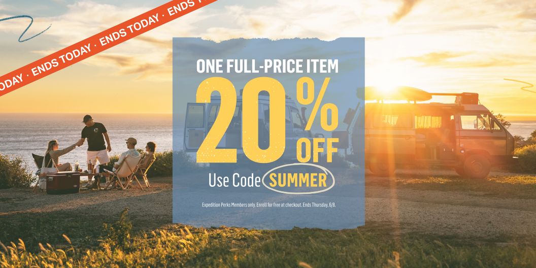 People camping on the beach beside a built-out Toyota Landcruiser with superimposed text that reads: One Full-Price Item 20% Off Use Code Summer Expedition Perks Members only. Enroll for free at checkout. Ends Thursday, 6/8. 